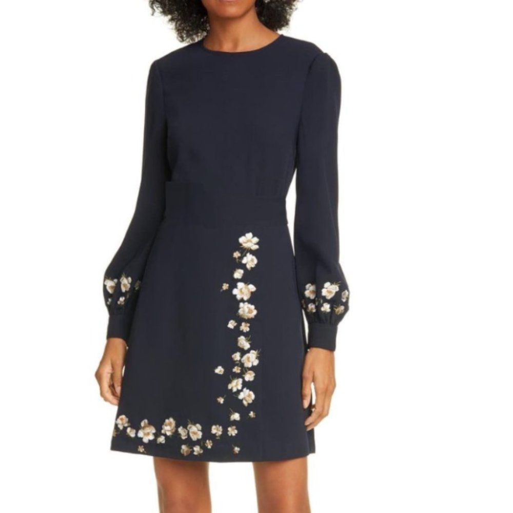 Ted Baker Women's Blue Pearl Floral Long Sleeve Navy Dress Size 5